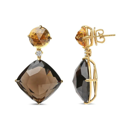 18k Yellow Gold 1/5 Cttw Diamond with Round Citrine and 25mm Cushion Cut Smoky Quartz Gemstone Dangle Earring (g-h