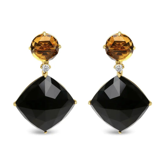 18k Yellow Gold 1/5 Cttw Diamond with Round Citrine and Cushion Cut Black Onyx Gemstone Dangle Earring (g-h Color