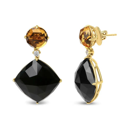 18k Yellow Gold 1/5 Cttw Diamond with Round Citrine and Cushion Cut Black Onyx Gemstone Dangle Earring (g-h Color