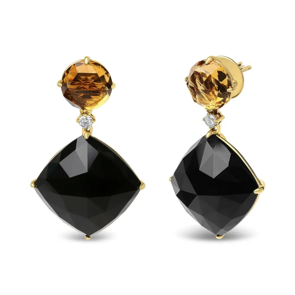 18k Yellow Gold 1/5 Cttw Diamond with Round Citrine and Cushion Cut Black Onyx Gemstone Dangle Earring (g-h Color