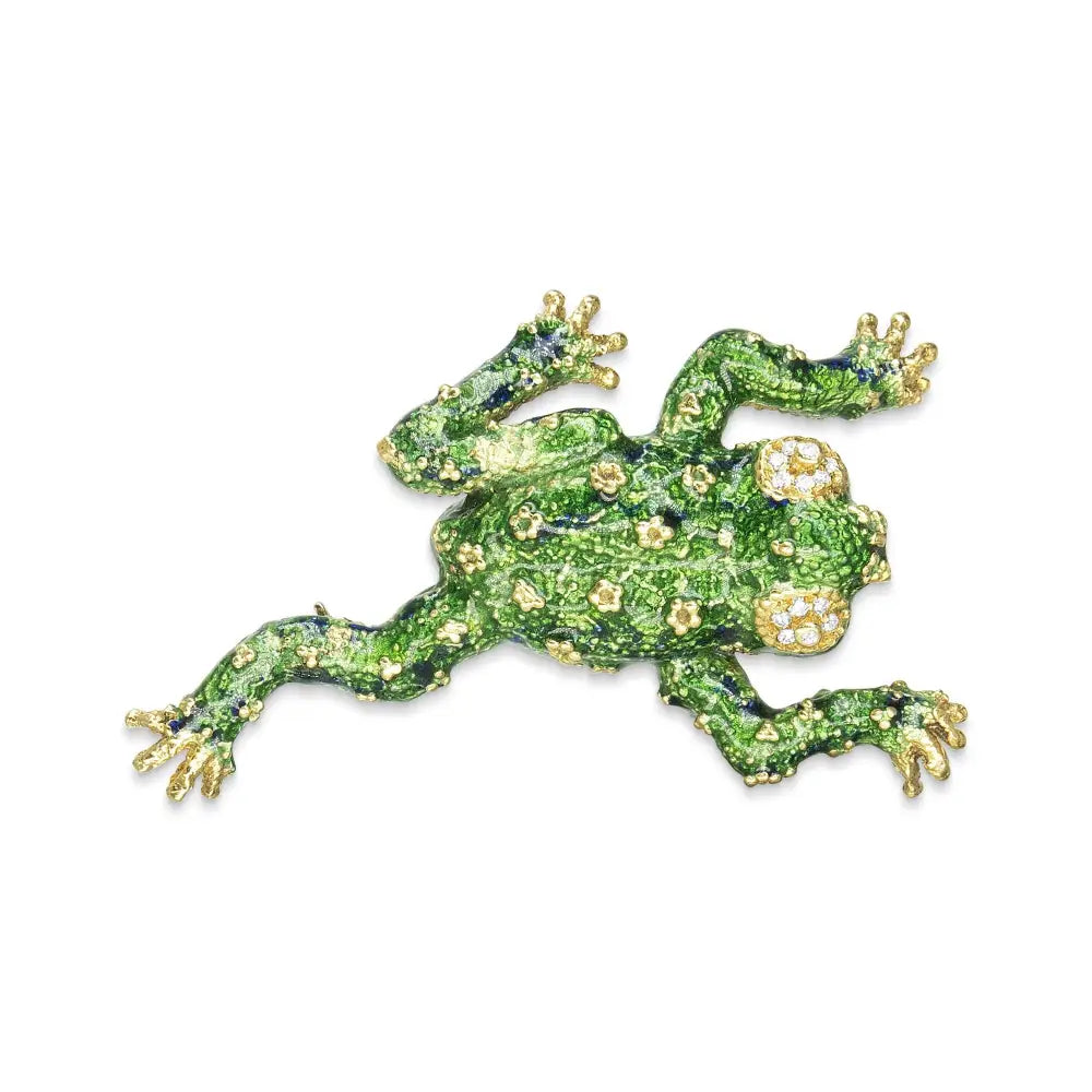 18k Yellow Gold 1/6 Cttw Diamond Green Frog Enamel Floral Brooch Pin (h-i Color Vs2-si1 Clarity) - Fine Jewelry