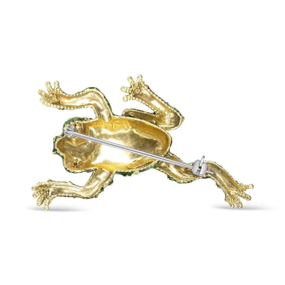 18k Yellow Gold 1/6 Cttw Diamond Green Frog Enamel Floral Brooch Pin (h-i Color Vs2-si1 Clarity) - Fine Jewelry