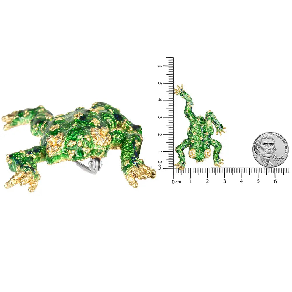 18k Yellow Gold 1/6 Cttw Diamond Green Frog Enamel Floral Brooch Pin (h-i Color Vs2-si1 Clarity) - Fine Jewelry