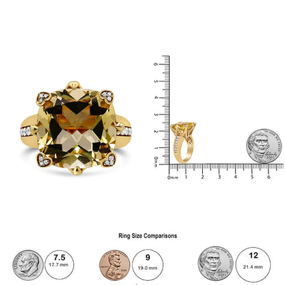 18k Yellow Gold 15x15mm Cushion Cut Lemon Quartz and 1/4 Cttw Diamond Accented Cocktail Ring (f-g Color Vs1-vs2