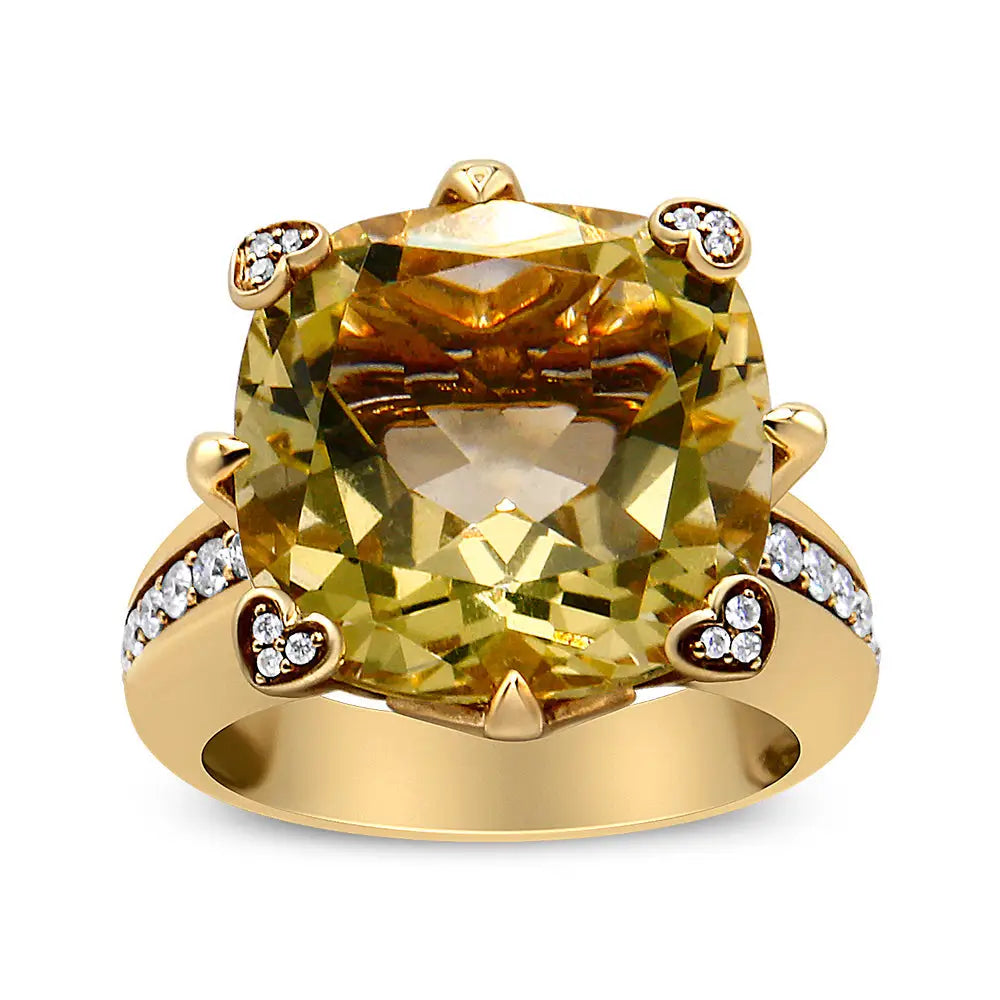 18k Yellow Gold 15x15mm Cushion Cut Lemon Quartz and 1/4 Cttw Diamond Accented Cocktail Ring (f-g Color Vs1-vs2