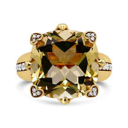 18k Yellow Gold 15x15mm Cushion Cut Lemon Quartz and 1/4 Cttw Diamond Accented Cocktail Ring (f-g Color Vs1-vs2