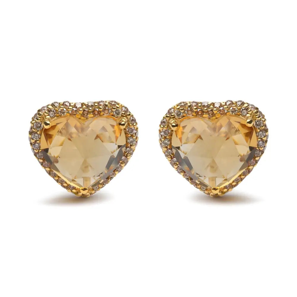 18k Yellow Gold 2/3 Cttw Brown Diamonds and 11x11mm Heart-cut Citrine Gemstone Halo Heart Stud Earrings (brown Color