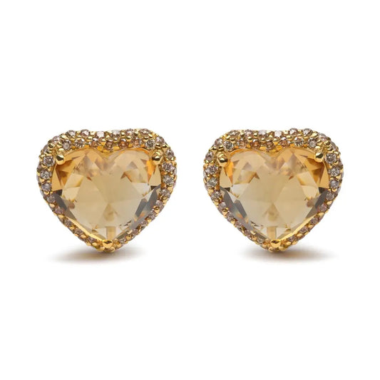 18k Yellow Gold 2/3 Cttw Brown Diamonds and 11x11mm Heart-cut Citrine Gemstone Halo Heart Stud Earrings (brown Color