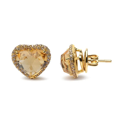 18k Yellow Gold 2/3 Cttw Brown Diamonds and 11x11mm Heart-cut Citrine Gemstone Halo Heart Stud Earrings (brown Color