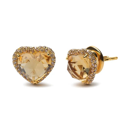 18k Yellow Gold 2/3 Cttw Brown Diamonds and 11x11mm Heart-cut Citrine Gemstone Halo Heart Stud Earrings (brown Color