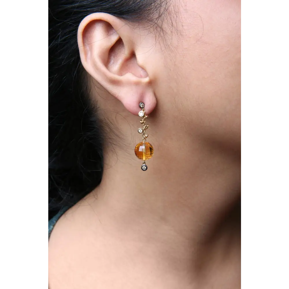 18k Yellow Gold 2/3 Cttw Round Bezel Diamond and 25mm Ball Shaped Citrine Gemstone Dangle Stud Earring (brown G-h Color