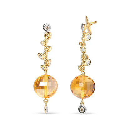 18k Yellow Gold 2/3 Cttw Round Bezel Diamond and 25mm Ball Shaped Citrine Gemstone Dangle Stud Earring (brown G-h Color