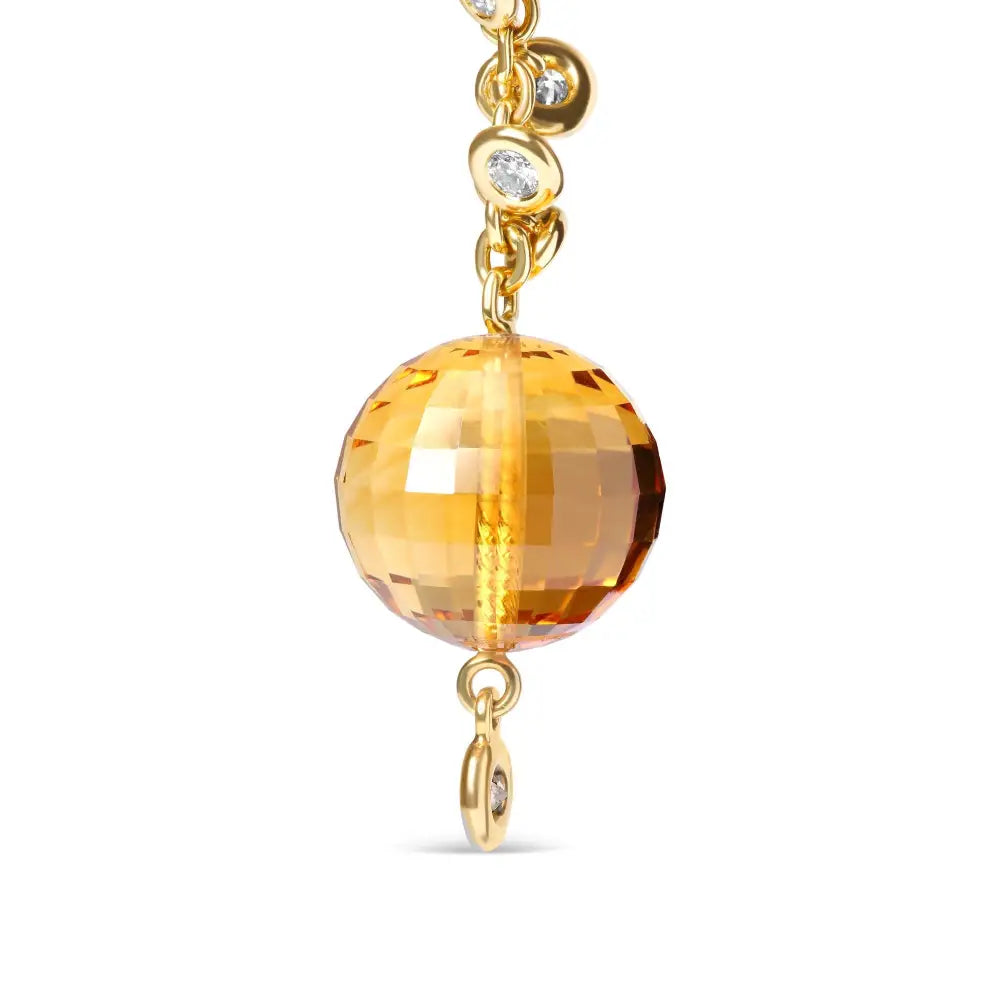 18k Yellow Gold 2/3 Cttw Round Bezel Diamond and 25mm Ball Shaped Citrine Gemstone Dangle Stud Earring (brown G-h Color