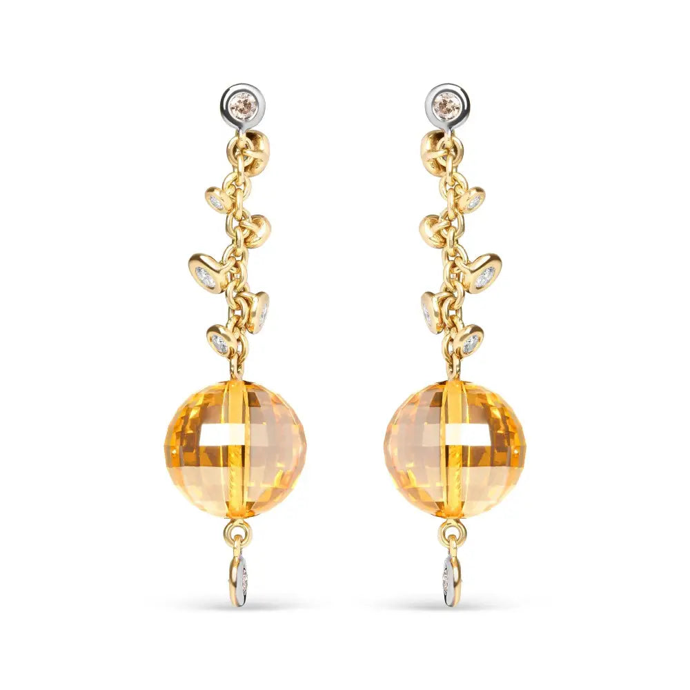 18k Yellow Gold 2/3 Cttw Round Bezel Diamond and 25mm Ball Shaped Citrine Gemstone Dangle Stud Earring (brown G-h Color