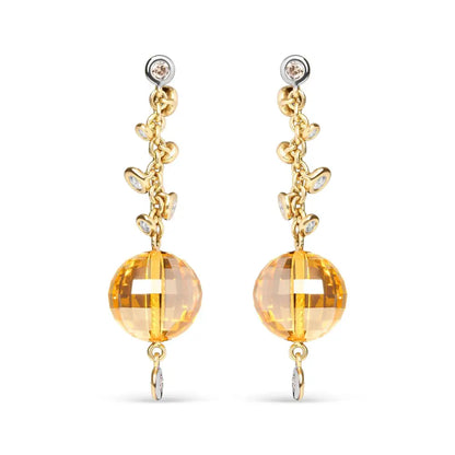 18k Yellow Gold 2/3 Cttw Round Bezel Diamond and 25mm Ball Shaped Citrine Gemstone Dangle Stud Earring (brown G-h Color