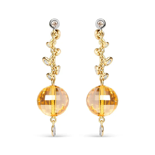 18k Yellow Gold 2/3 Cttw Round Bezel Diamond and 25mm Ball Shaped Citrine Gemstone Dangle Stud Earring (brown G-h Color