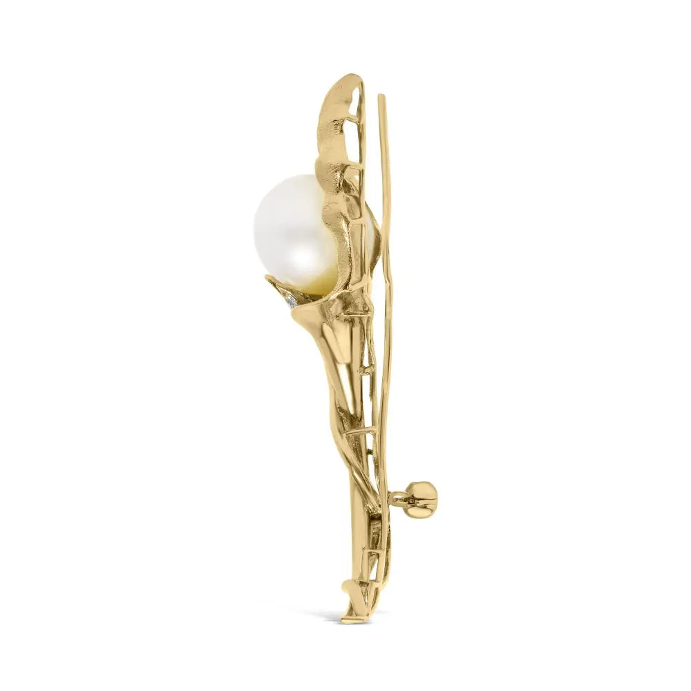 18k Yellow Gold 2/5 Cttw Diamond and 12mm Cultured South Sea Pearl Flower Pin Brooch (g-h Color Vs1-vs2 Clarity) - Fine