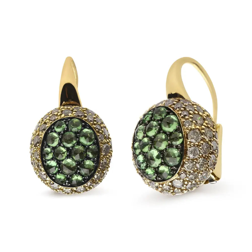 18k Yellow Gold 3 1/2 Cttw Diamond and Round Green Tsavorite Gemstone Domed Drop Hoop Earrings (brown Color Si1-si2