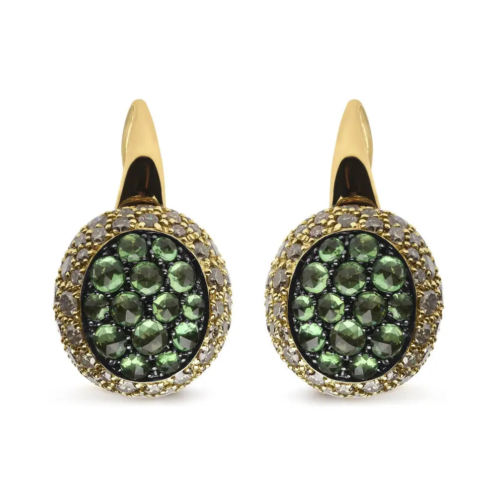 18k Yellow Gold 3 1/2 Cttw Diamond and Round Green Tsavorite Gemstone Domed Drop Hoop Earrings (brown Color Si1-si2