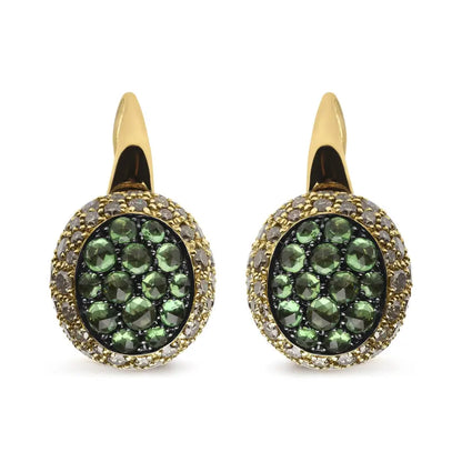 18k Yellow Gold 3 1/2 Cttw Diamond and Round Green Tsavorite Gemstone Domed Drop Hoop Earrings (brown Color Si1-si2