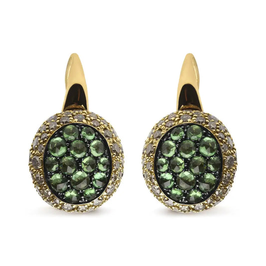 18k Yellow Gold 3 1/2 Cttw Diamond and Round Green Tsavorite Gemstone Domed Drop Hoop Earrings (brown Color Si1-si2