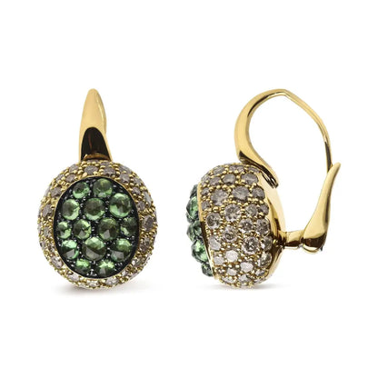 18k Yellow Gold 3 1/2 Cttw Diamond and Round Green Tsavorite Gemstone Domed Drop Hoop Earrings (brown Color Si1-si2