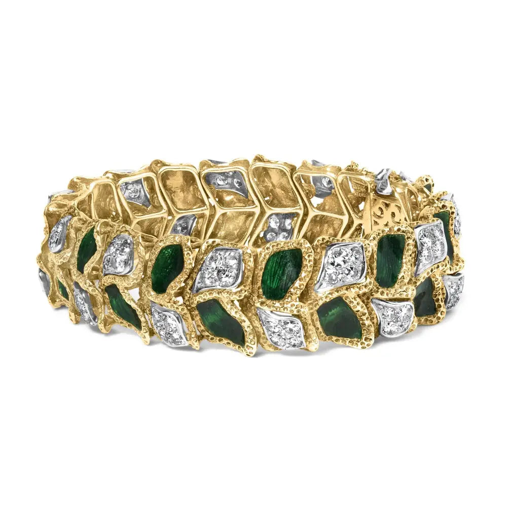 18k Yellow Gold 3 1/4 Cttw Diamond and Green Enamel Textured Bracelet (g-h Color Vs1-vs2 Clarity) - 7’’ Inches