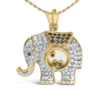 18k Yellow Gold 3/4 Cttw Diamond Elephant Shaker Pendant Necklace with Emerald Ruby and Sapphire (g-h Color Vs2-si1