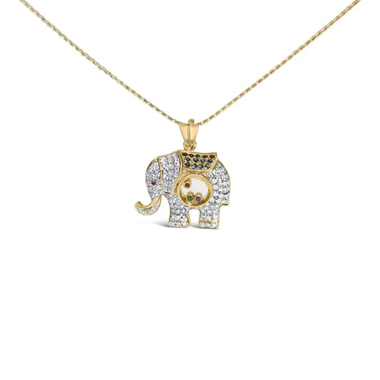 18k Yellow Gold 3/4 Cttw Diamond Elephant Shaker Pendant Necklace with Emerald Ruby and Sapphire (g-h Color Vs2-si1