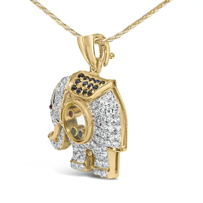 18k Yellow Gold 3/4 Cttw Diamond Elephant Shaker Pendant Necklace with Emerald Ruby and Sapphire (g-h Color Vs2-si1