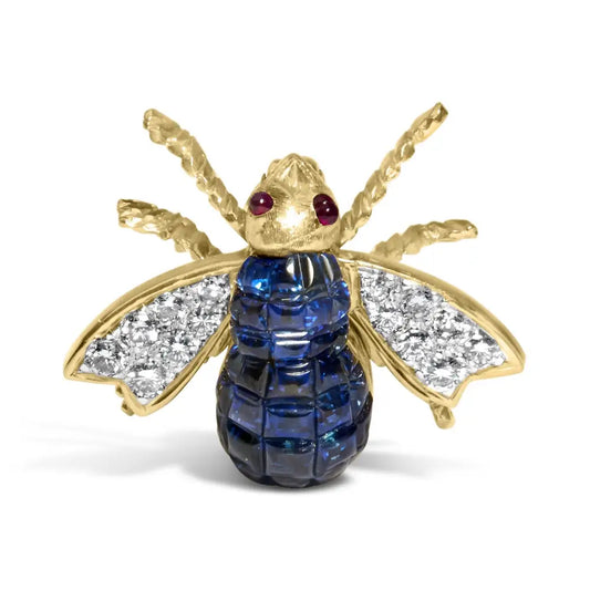 18k Yellow Gold 3/8 Cttw Diamond and 5 4/5 Blue Sapphire Bumblebee Brooch Pin (f-g Color Vs2-si1 Clarity) - Fine