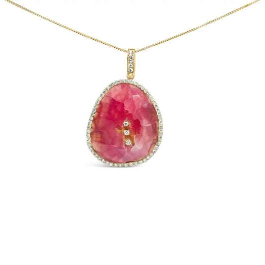 18k Yellow Gold 42.0 Cttw Pink Quartz Crystal Geode and 1.0 Diamond Halo 18’’ Pendant Necklace (f-g Color Vs1-vs2