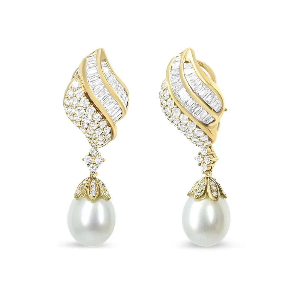 18k Yellow Gold 7.0 Cttw Baguette and Round Diamond South Sea Pearl Drop Dangle Clip-on Earrings (f-g Color Vs1-vs2