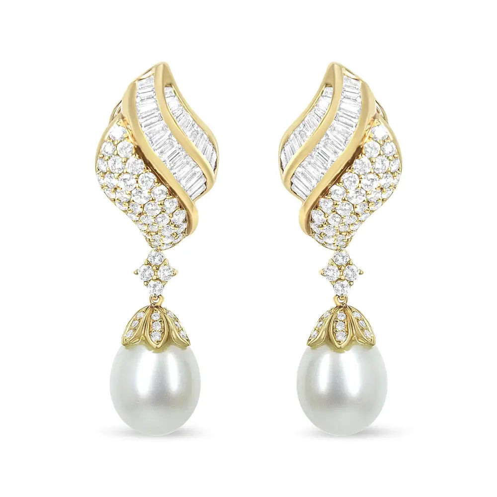 18k Yellow Gold 7.0 Cttw Baguette and Round Diamond South Sea Pearl Drop Dangle Clip-on Earrings (f-g Color Vs1-vs2