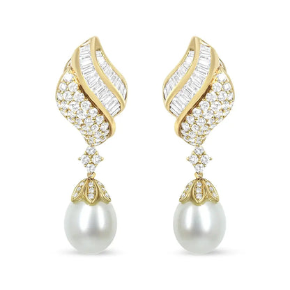 18k Yellow Gold 7.0 Cttw Baguette and Round Diamond South Sea Pearl Drop Dangle Clip-on Earrings (f-g Color Vs1-vs2