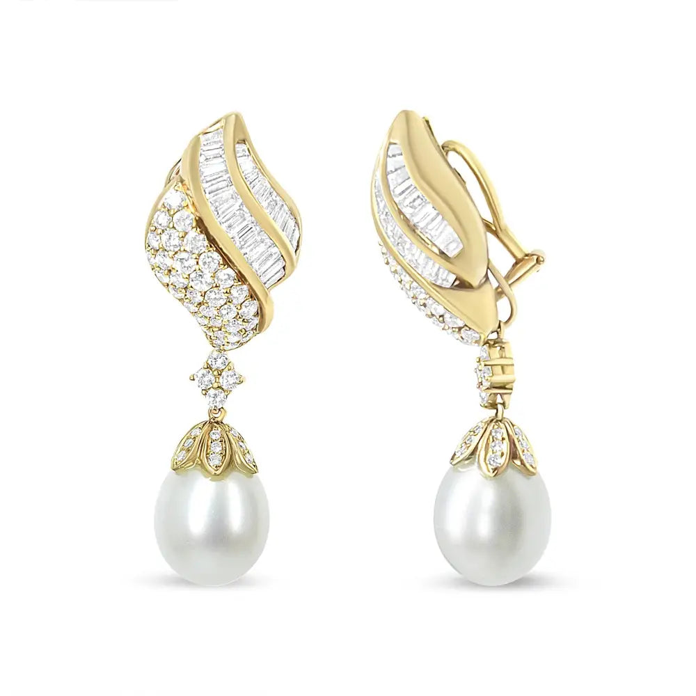 18k Yellow Gold 7.0 Cttw Baguette and Round Diamond South Sea Pearl Drop Dangle Clip-on Earrings (f-g Color Vs1-vs2