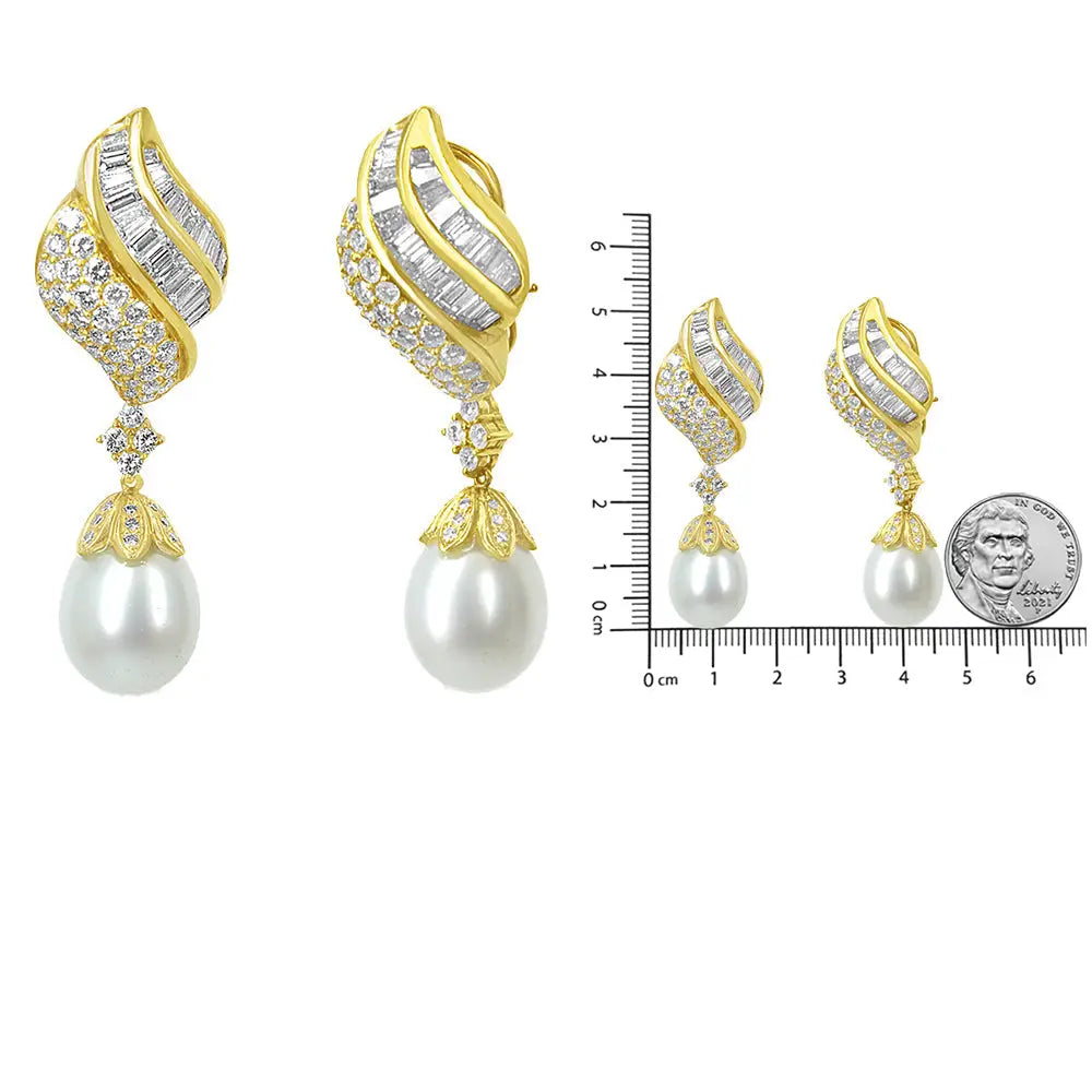 18k Yellow Gold 7.0 Cttw Baguette and Round Diamond South Sea Pearl Drop Dangle Clip-on Earrings (f-g Color Vs1-vs2