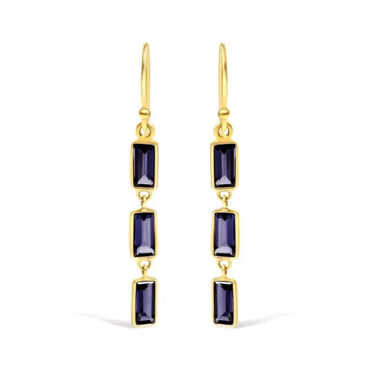 18k Yellow Gold 8x3 Mm Bezel Set Purple Baguette Iolite Stiletto 1 1/2 Inch’ Dangle Earrings - Fine Jewelry us Direct