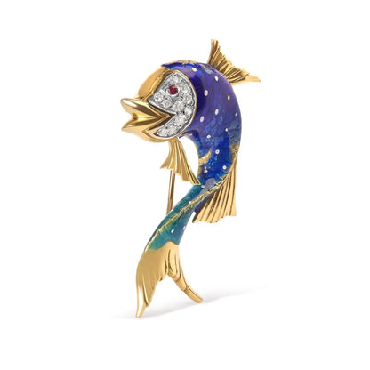 18k Yellow Gold and Blue Enamel Diamond Pink Sapphire Fish Brooch Pin (h-i Color Vs2-si1 Clarity) - Fine Jewelry