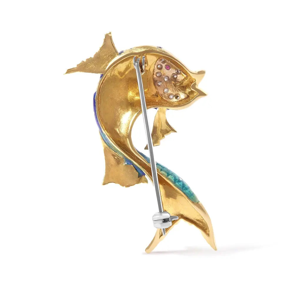 18k Yellow Gold and Blue Enamel Diamond Pink Sapphire Fish Brooch Pin (h-i Color Vs2-si1 Clarity) - Fine Jewelry