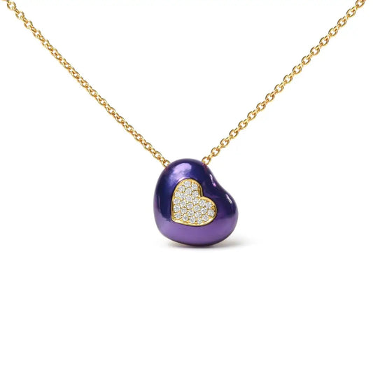 18k Yellow Gold Blue Enamel 1/10 Cttw Round Pave Diamonds Heart Shape 18’’ Pendant Necklace (g-h Color Si1-si2