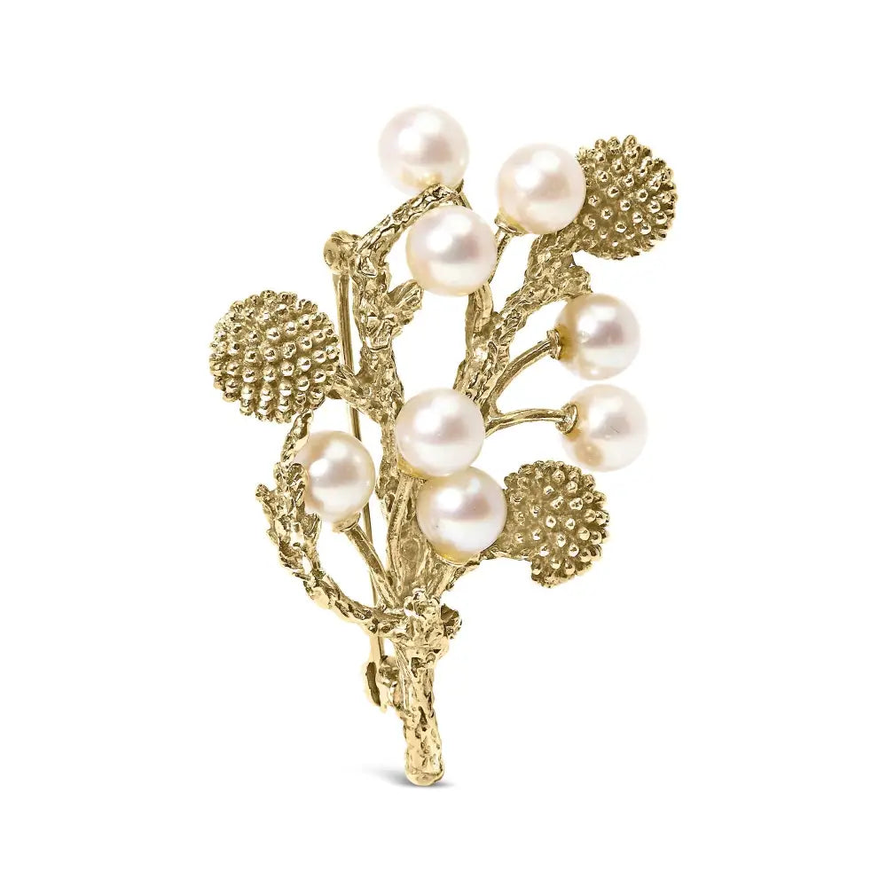 18k Yellow Gold Cultured Akoya Pearl Tree Branch Brooch Pin with Hammered Polish - Fine Jewelry us Direct