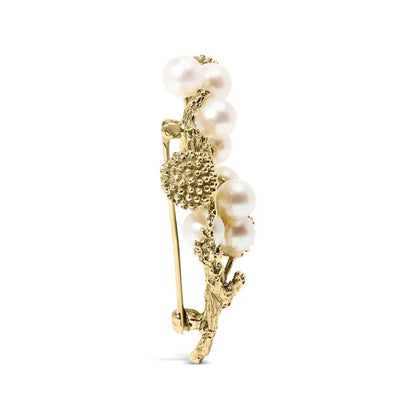 18k Yellow Gold Cultured Akoya Pearl Tree Branch Brooch Pin with Hammered Polish - Fine Jewelry us Direct