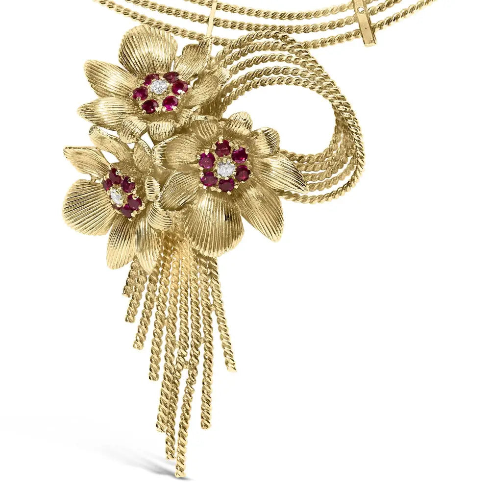 18k Yellow Gold Diamond and Red Ruby Floral Cascade Statement Necklace with 16’’ Inch Bead Chain (f-g Color Vs1-vs2