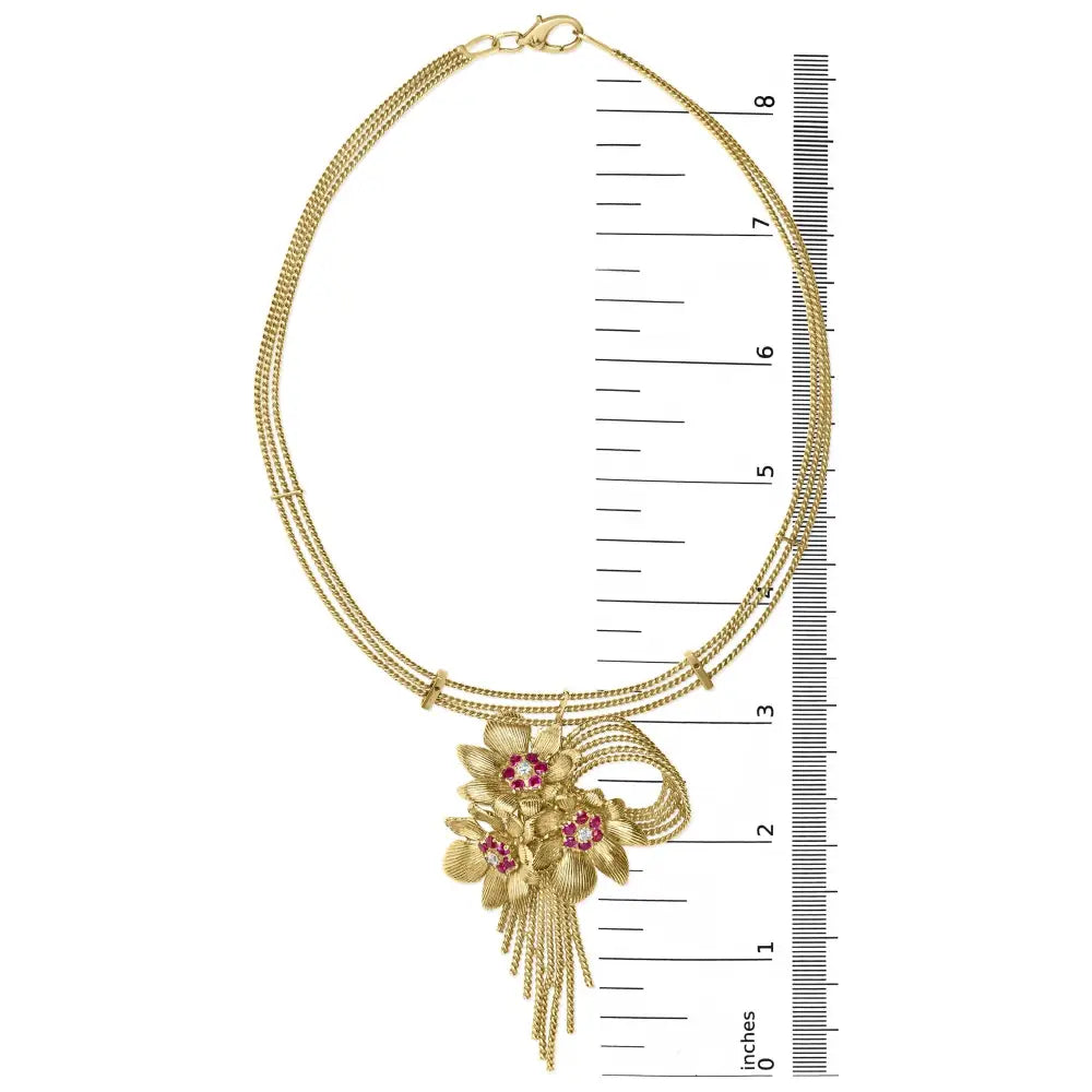 18k Yellow Gold Diamond and Red Ruby Floral Cascade Statement Necklace with 16’’ Inch Bead Chain (f-g Color Vs1-vs2