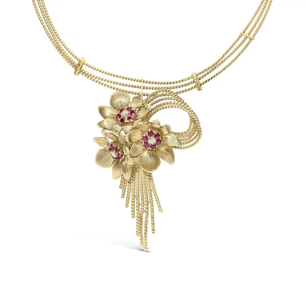 18k Yellow Gold Diamond and Red Ruby Floral Cascade Statement Necklace with 16’’ Inch Bead Chain (f-g Color Vs1-vs2