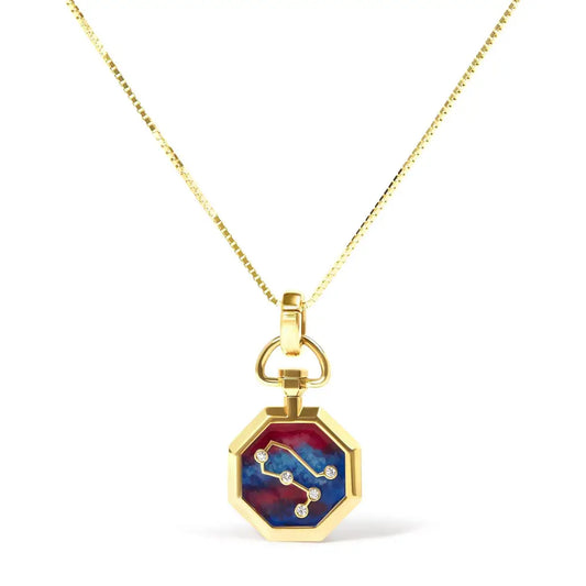 18k Yellow Gold Diamond Gemini Constellation with Red and Blue Enamel 18’’ Inch Pendant Necklace (h-i Color Si2-i1