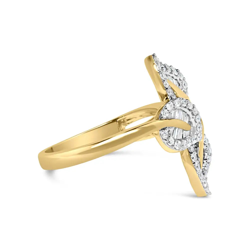 18k Yellow Gold Plated.925 Sterling Silver 1/2 Cttw Baguette and Round Diamond Bypass Triple Leaf Ring (i-j Color I1-i2