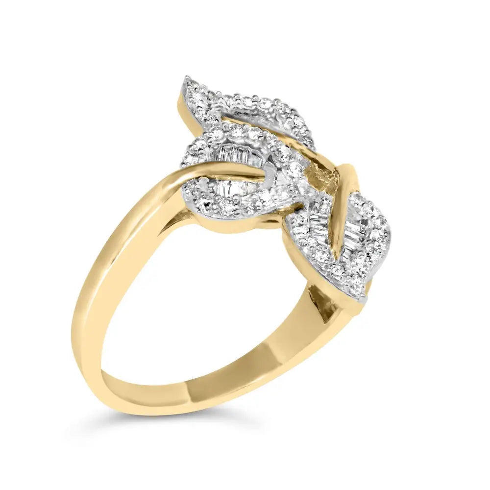 18k Yellow Gold Plated.925 Sterling Silver 1/2 Cttw Baguette and Round Diamond Bypass Triple Leaf Ring (i-j Color I1-i2