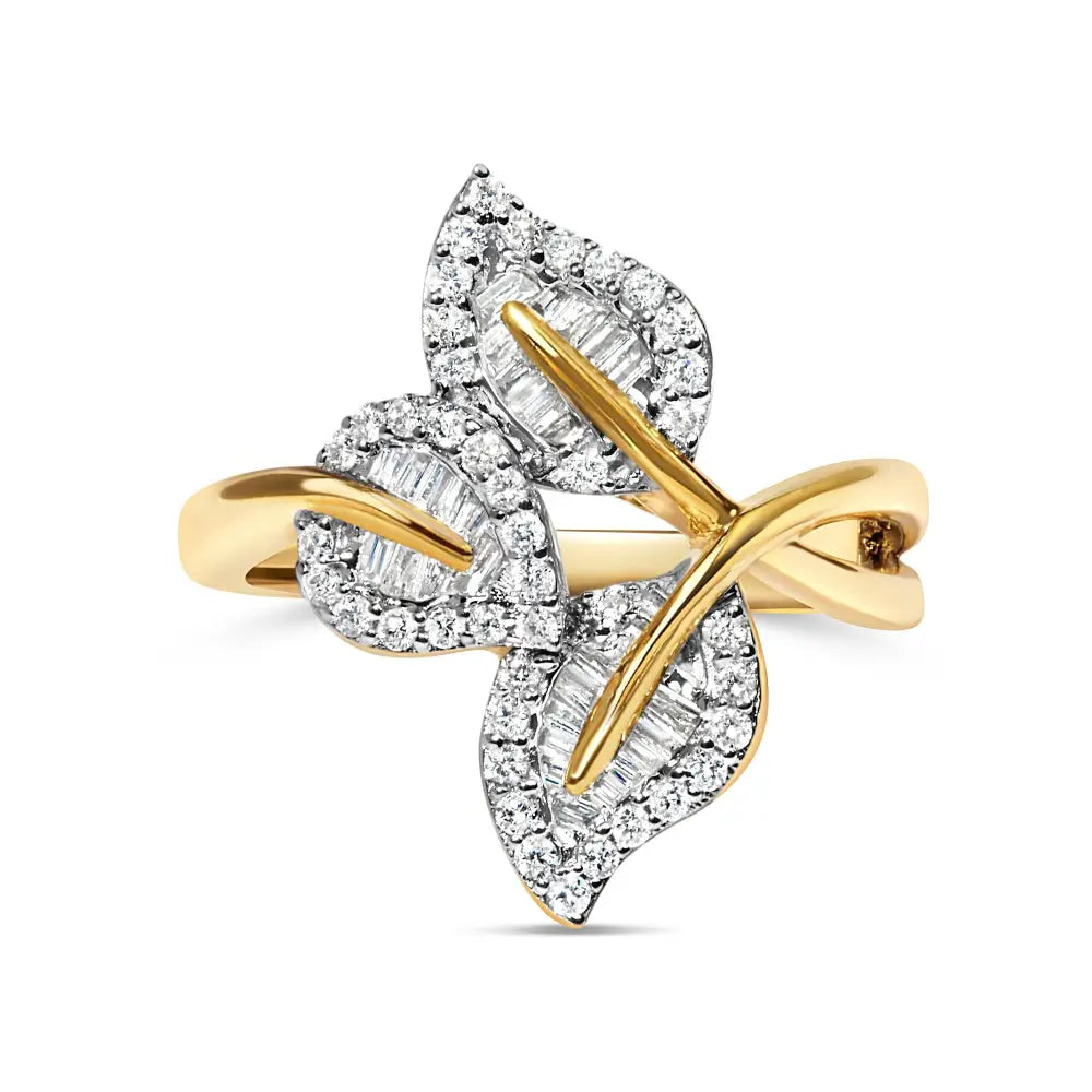 18k Yellow Gold Plated.925 Sterling Silver 1/2 Cttw Baguette and Round Diamond Bypass Triple Leaf Ring (i-j Color I1-i2